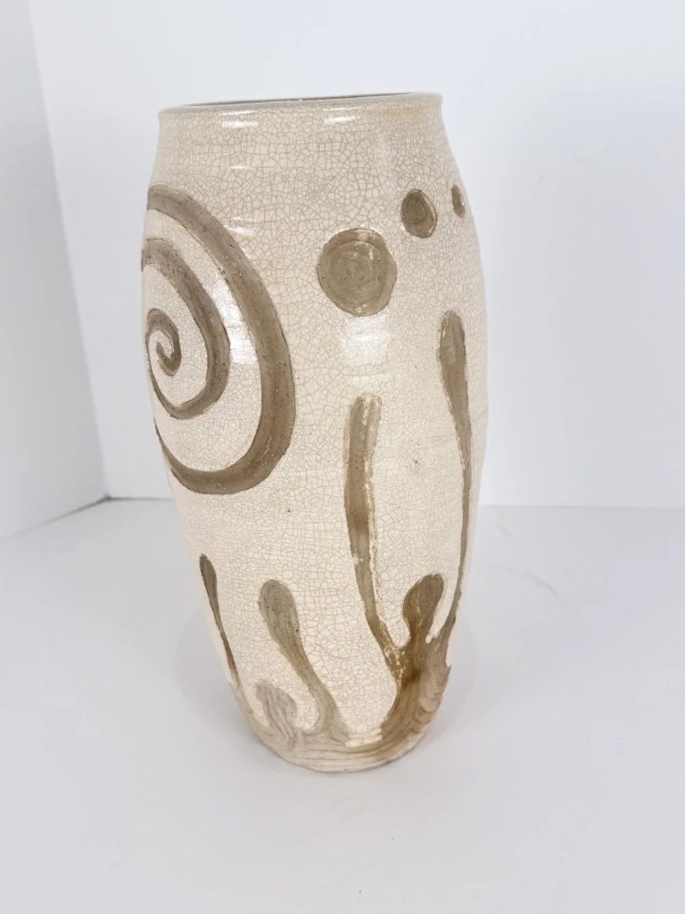Midcentury Handmade Stoneware Crackle Glaze Vase